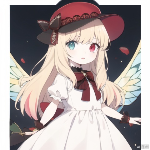  wings,masterpiece, best quality, 1girl, solo, long hair, looking at viewer, bangs, blonde hair, red eyes, hat, dress, bow, holding, very long hair, flower, short sleeves, multicolored hair, parted lips, water, white dress, wrist cuffs, black bow, rose, heterochromia, white headwear, bug, red flower, butterfly, red rose