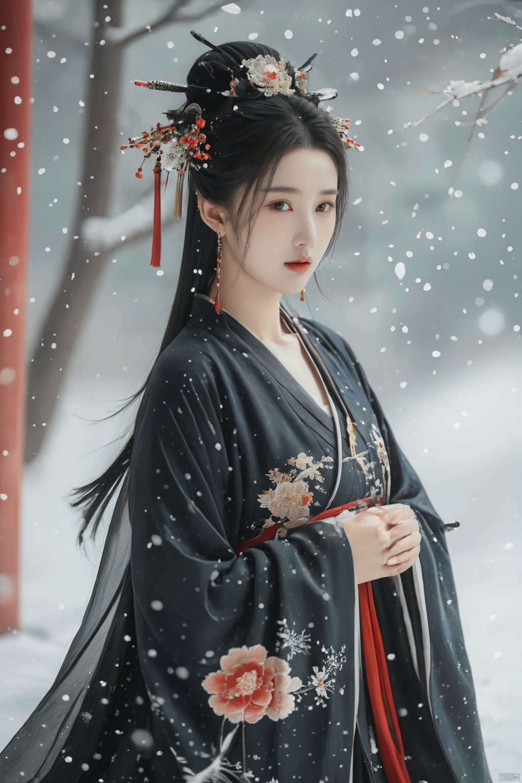  arien_hanfu,1girl,(Masterpiece:1.2), best quality, arien_hanfu,1girl, (falling_snow:1.3), looking_at_viewer,(big breasts:1.88), (plump breasts:1.7),(Tube top Hanfu:1.2),hand101,full body, 1girl
In this masterpiece artwork of the highest quality (Masterpiece version 1.2), an Arien woman dressed in a modernized hanfu style featuring a tube top design (Tube top Hanfu: 1.2) is depicted (arien_hanfu, 1girl). Against a backdrop of falling snowflakes (falling_snow: 1.3), she gazes directly at the viewer (looking_at_viewer), creating a distinct and profound sense of engagement.

The female figure in the painting possesses generously proportioned attributes, characterized by larger-than-average breasts (big breasts: 1.88) and plumpness (plump breasts: 1.7), which harmoniously complement her form-fitting upper garment in traditional Chinese attire.

The composition presents a full-body portrait (full body), with intricate attention given to the detail of the woman's hands identified as hand101,