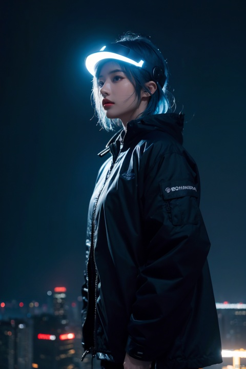 1girl,lady with cybernetic parts,glowing visor,short light blue hair,techwear,oversized black jacket,skyscraper outdoors,neon rim light,night,rain,volumetric lighting,realistic,cowboy shot