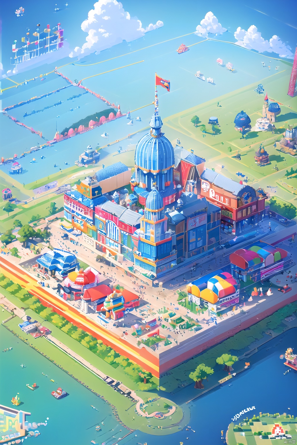 (Isometric Perspective:1.5),(Pixar Style:1.2),Amusement Park,Ferris Wheel,Circus,monkey,lion,tiger,flag,multimorph model game asset,pixel art,minecraft,LEGO style,tilt displacement,IP,blender,OC render,best quality,4k,super detail