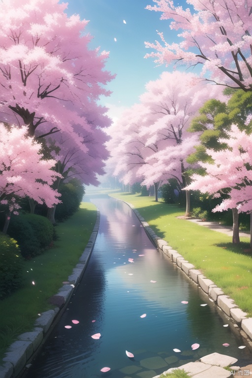 original,(illustration:1.1),(best quality),(masterpiece:1.1),(extremely detailed CG unity 8k wallpaper),(colorful:1.2),sakura tree,sakura petals,landscape,river,road