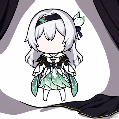  under-covers,blanket,1girl, solo, chibi, liuying, 1girl, black jacket, white shirt, green skirt, silver hair, white hair