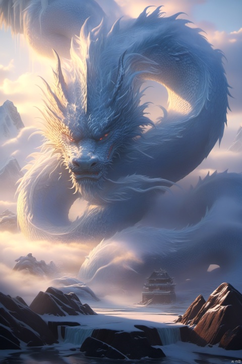  The Chinese Loong formed by ice and water has four dragon claws. The fog covers part of the dragon's body, and the dragon's body is indistinct