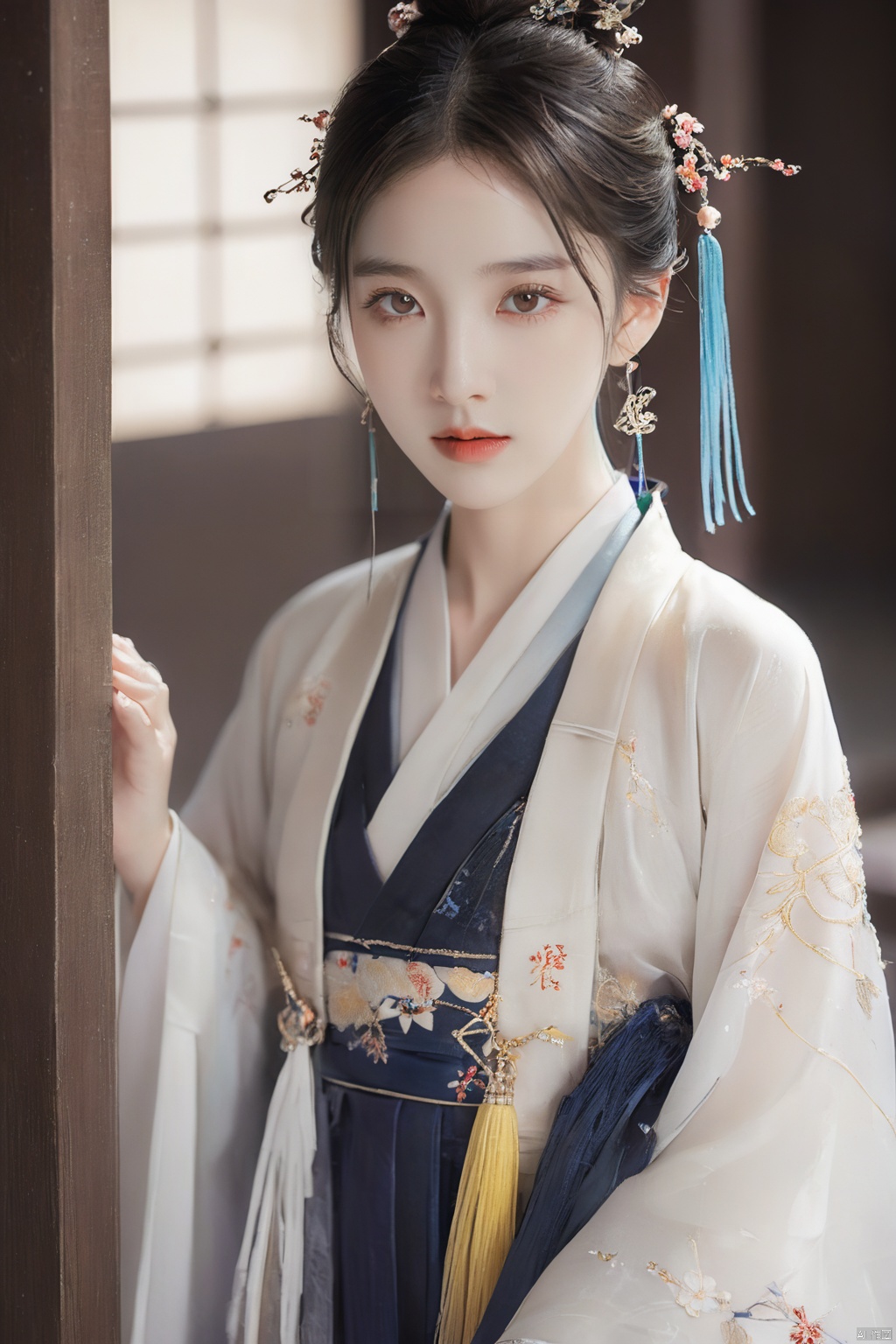  1.3, Masterpiece, Highest Quality, High Resolution, Details: 1.2, 1 Girl, Bun, Hairpin, Beautiful Face, Delicate Eyes, Tassel Earrings, Necklaces, Bracelets, Hanfu, Su Embroidered Hanfu, Streamers, Ribbons, Elegant Stand Posture, Aesthetics, Movie Lighting, Ray Tracing, Depth of Field, Layering,Fluttering, Hanfu, qingsha
Negative Prompt：ugly, tiling, poorly drawn hands, poorly drawn feet, poorly drawn face, out of frame, extra limbs, disfigured, deformed, body out of frame, bad anatomy, watermark, signature, cut off, low contrast, underexposed, overexposed, bad art, beginner, *******, distorted face