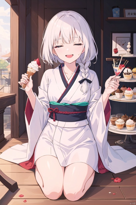  1girl, solo, long hair, long sleeves, holding, sitting, full body, closed eyes, weapon, braid, white hair, japanese clothes, wide sleeves, kimono, sash, single braid, hair over shoulder, facing viewer, seiza, white robe, white theme,On a sunny afternoon, a group of friends gathered at a cozy café, their laughter filling the air as they indulged in sweet treats. Among them was a girl named Lily, her eyes sparkling with delight as she eagerly dug into a scrumptious parfait. With each spoonful, she savored the harmonious combination of silky ice cream, velvety whipped cream, and an array of vibrant fruits and toppings. The joy on Lily's face mirrored the happiness shared among her friends, as they reveled in the simple pleasure of good company and delectable desserts. In that moment, the café became a haven of laughter, friendship, and the shared love for the heavenly delight of a parfait.