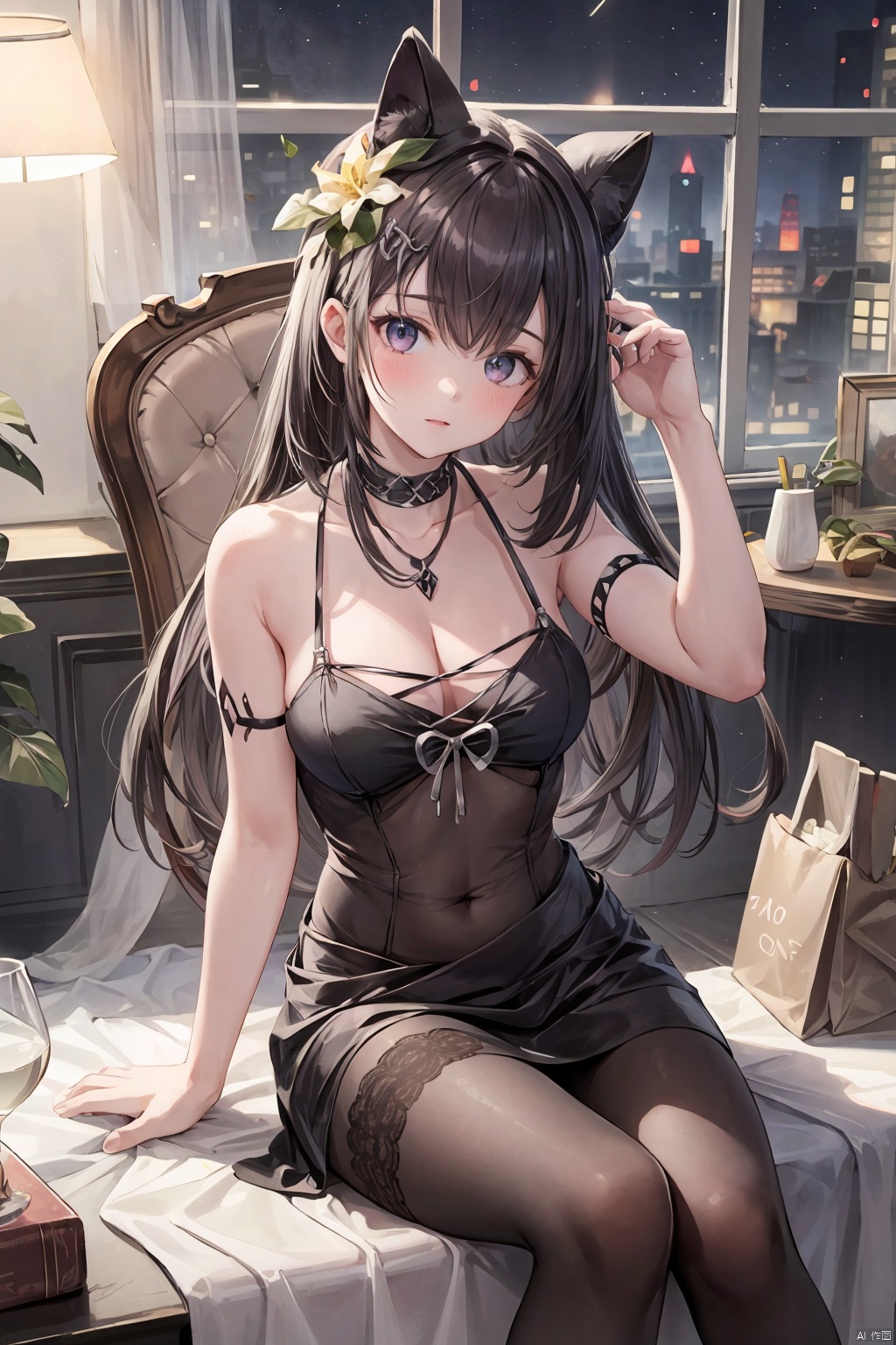 1girl,((masterpiece)), (photorealistic:1.4),solo,queen's chair, night, night sky, office shot, formal dress, bodysuit, black dress,black skirt, black Pantyhose, royal shoes, black hair, sitting on chair, game cg,The room has windows,Only one person,single,beauty face,divine goddess, shiny skin, skindentation, lace