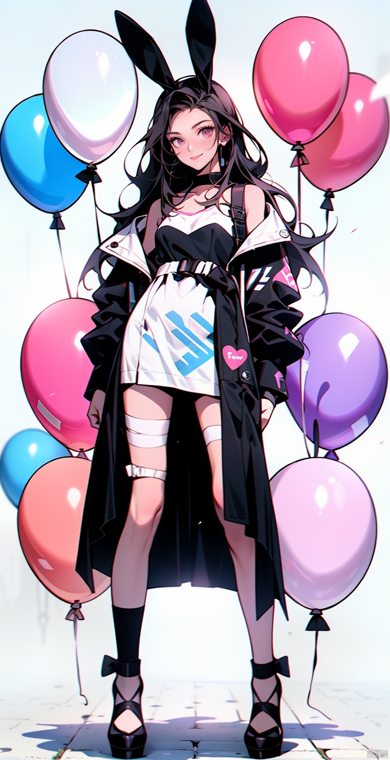 a cartoon girl with long hair and an elaborate hat and dress next to some pink and black balloons, 1girl, solo, halo, animal ears, black hair, wings, rabbit ears, pink eyes.pink bunny balloon.A long white ribbon on the balloon.rabbit shaped balloon.Mascot of many small white rabbits on the waist.white bunny ears on the head.light colored eyes.light colored mesh.white and black ribbon.long socks that reach above the knee.One of the socks is white and the other is black.There's a little bandage on my leg.balloons only pink.