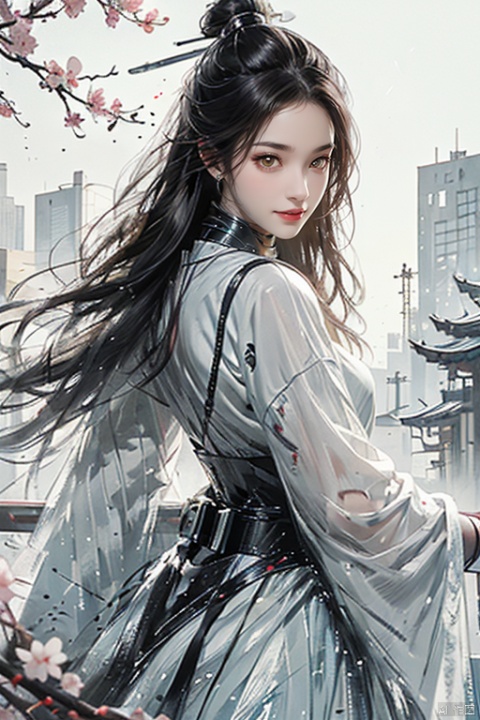  masterpiece, best quality, 1girl, yellow eyes, Beautiful face, delicate eyes, smile, long hair, white hair, tree, stairs, standing, sky, cherry blossoms, temple, looking at viewer, upper body, from below, looking back, ((Mecha)), young girl, Cyberpunk, CyberMechaGirl