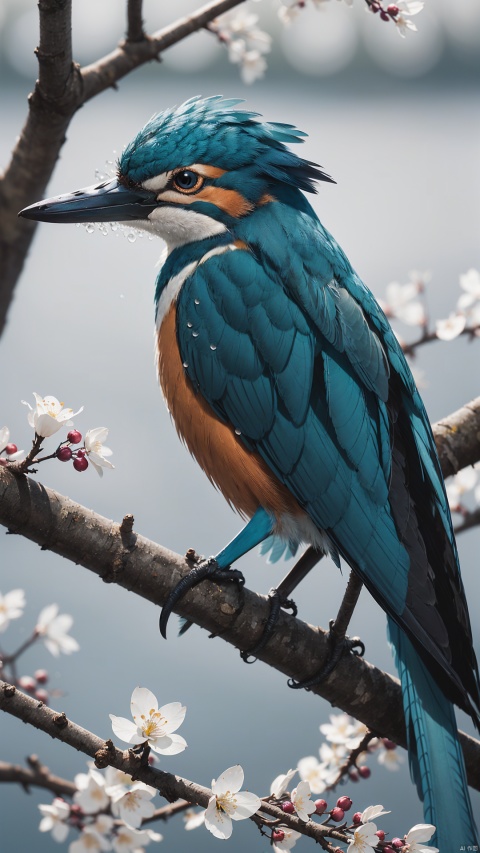 Superb Kingfisher Near White Cherry Blossoms on Branches, Dark, Dawn, (Cold Morning: 1.1), (Morning Dew: 1.15), Realistic Photography, (Low Photo: 1.2), Detail, 8K, Intricate Folded Feathers, Water Droplets on Feathers, (to8contrast style), (MIST: 0.7), Bright Colors, Sony a6600 Mirrorless Camera, embellish2