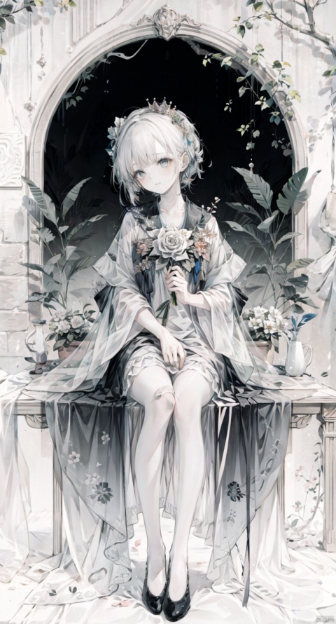  1girl, art_nouveau, branch, flower, greyscale, leaf, lily_\(flower\), monochrome, plant, rose, solo, spot_color, thorns, vines, white_flower，Rock masterpiece special feature Personification, King Snake Blues, Sunhouse, ((Beautiful girl)), High quality, High quality