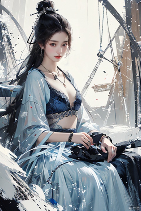  girlA 19 year old Chinese girl wearing a necklace, inspired by Sim Sa jeong, Azure. Long hair, winter prince,wathet bra，Goddess without makeup