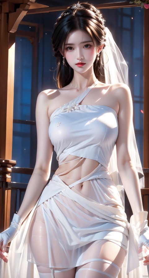 wedding dress, white gloves, sleeveless, white pantyhose, blushing, show shoulders, wedding, kan