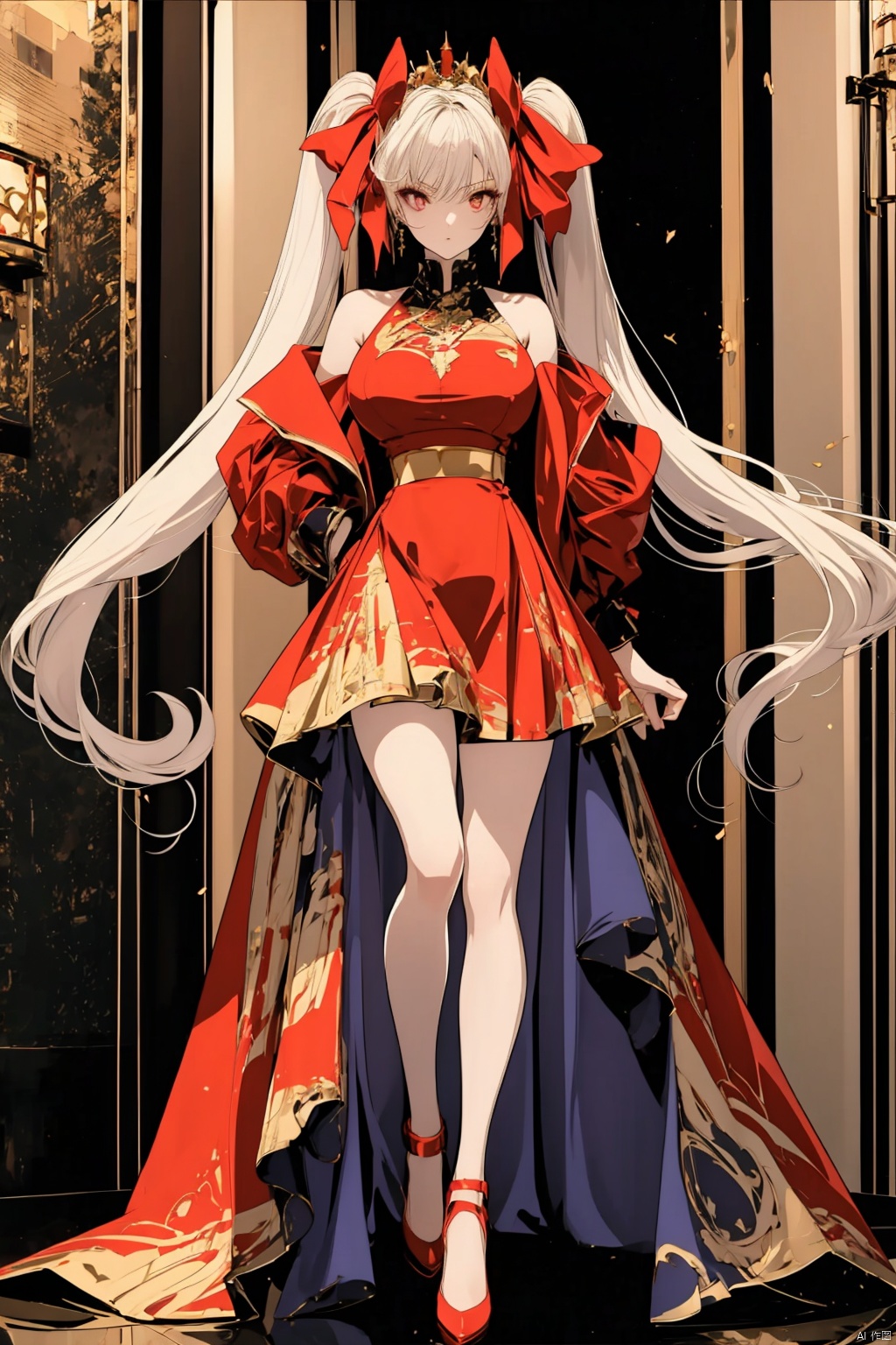 purple red and gold trim, fantasy, lolita dress, petticoat, twin tails, white hair, gold hair ribbon, red eyes, thick hair, super long hair, full body, floor length hair