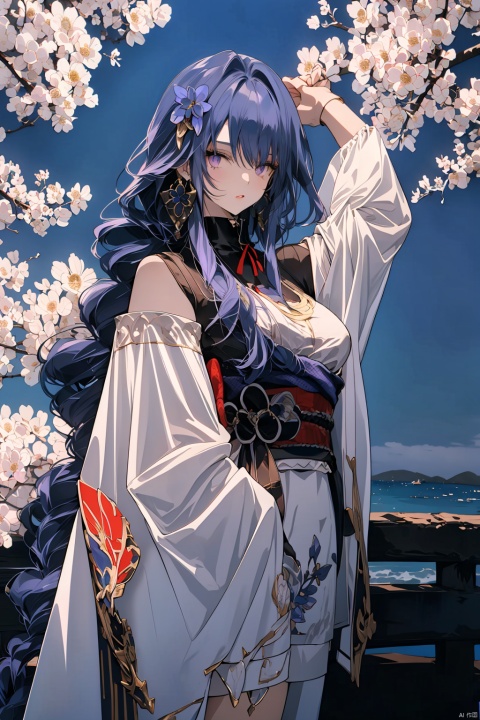  1girl, purple hair, dark purple hair, purple clip on hair, wearing Japanese clothes, Japanese clothes, purple and white Japanese clothes, holding a sword, holding a purple shiny sword, glowing purple sword, Japanese type sword, background charry blossom trees, beautiful pinkish charry blossom trees, dark purple sky, look at the view, lora:more_details:0.5, vibrant colors, masterpiece, sharp focus, best quality, depth of field, cinematic lighting, lora:more_details:0.5