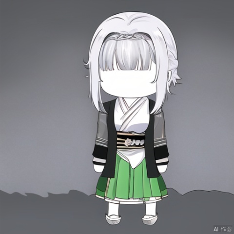  under-covers,blanket,1girl, solo, chibi, liuying, 1girl, black jacket, white shirt, green skirt, silver hair, white hair