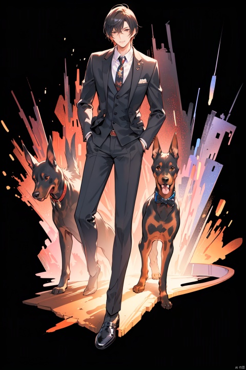 ((a Doberman pinscher in a suit shirt and tie)), full body shot, (panorama), gangster, anthropomorphic expressions, rich colors, fine details, realistic, Unreal Engine, real lighting, beautiful and rich Colors, Stunning Details, High Quality