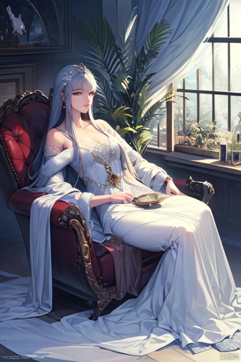 Highly detailed oil portrait an elegant queen clothed snow goddess in a luxurious interior, cold environment with some mist and vegetation, chill relaxed atmosphere, moebius