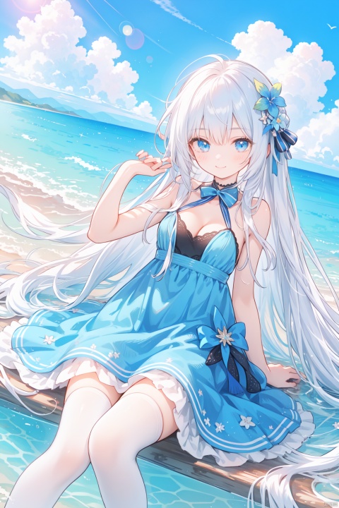 a girl, zettai ryouiki, Exposing cleavage, glossy hair, Very long hair, bluesky, shiny, medium chest circumference, cloud, day, bluedress, lying, blue flower, closed mouth, smile