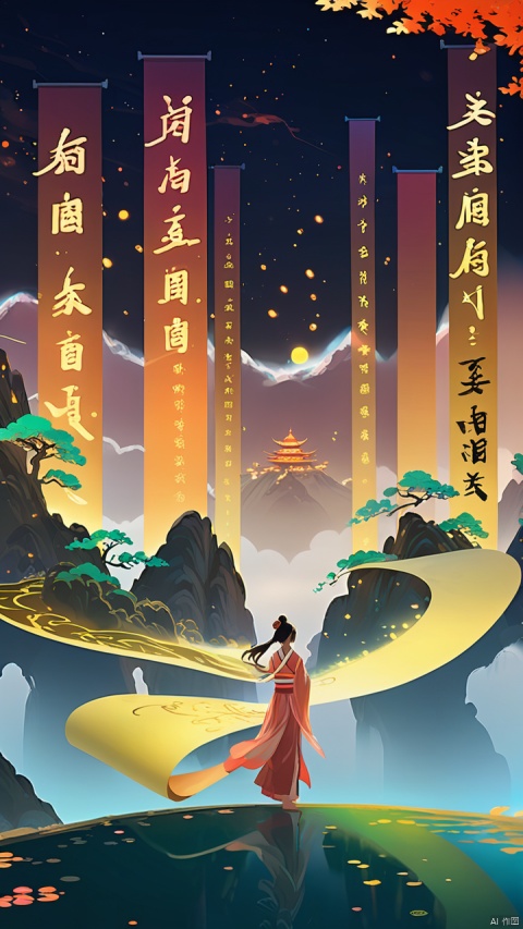  Ash,(Huge scroll floating in the sky) A girl, fantasy concept, glowing text color river particles, scenery, trees, mountains, Zen Chinese festival aesthetics