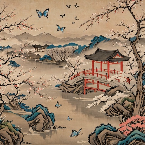  Detailed ukiyo-e of a butterfly garden, Cherryblossom,epiclight,Ukiyo-e,colorful,Illustration,月上枝头