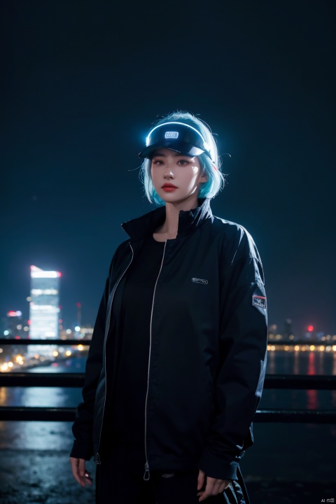 1girl,lady with cybernetic parts,glowing visor,short light blue hair,techwear,oversized black jacket,skyscraper outdoors,neon rim light,night,rain,volumetric lighting,realistic,cowboy shot