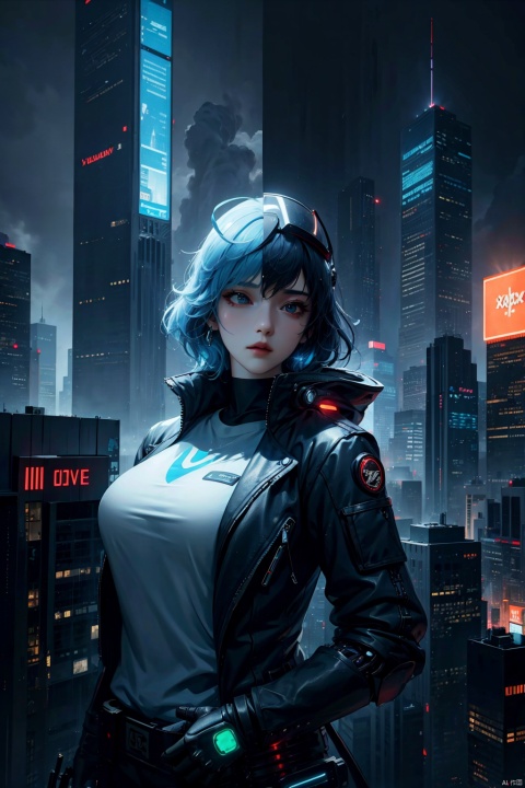 1girl,lady with cybernetic parts,glowing visor,short light blue hair,techwear,oversized black jacket,skyscraper outdoors,neon rim light,night,rain,volumetric lighting,realistic,cowboy shot