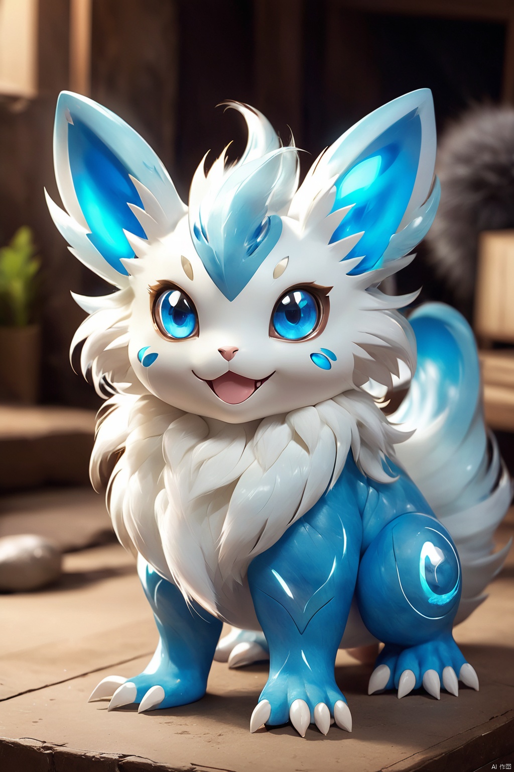 pokemon like creature, no humans, cute, fur, blue eyes, no human