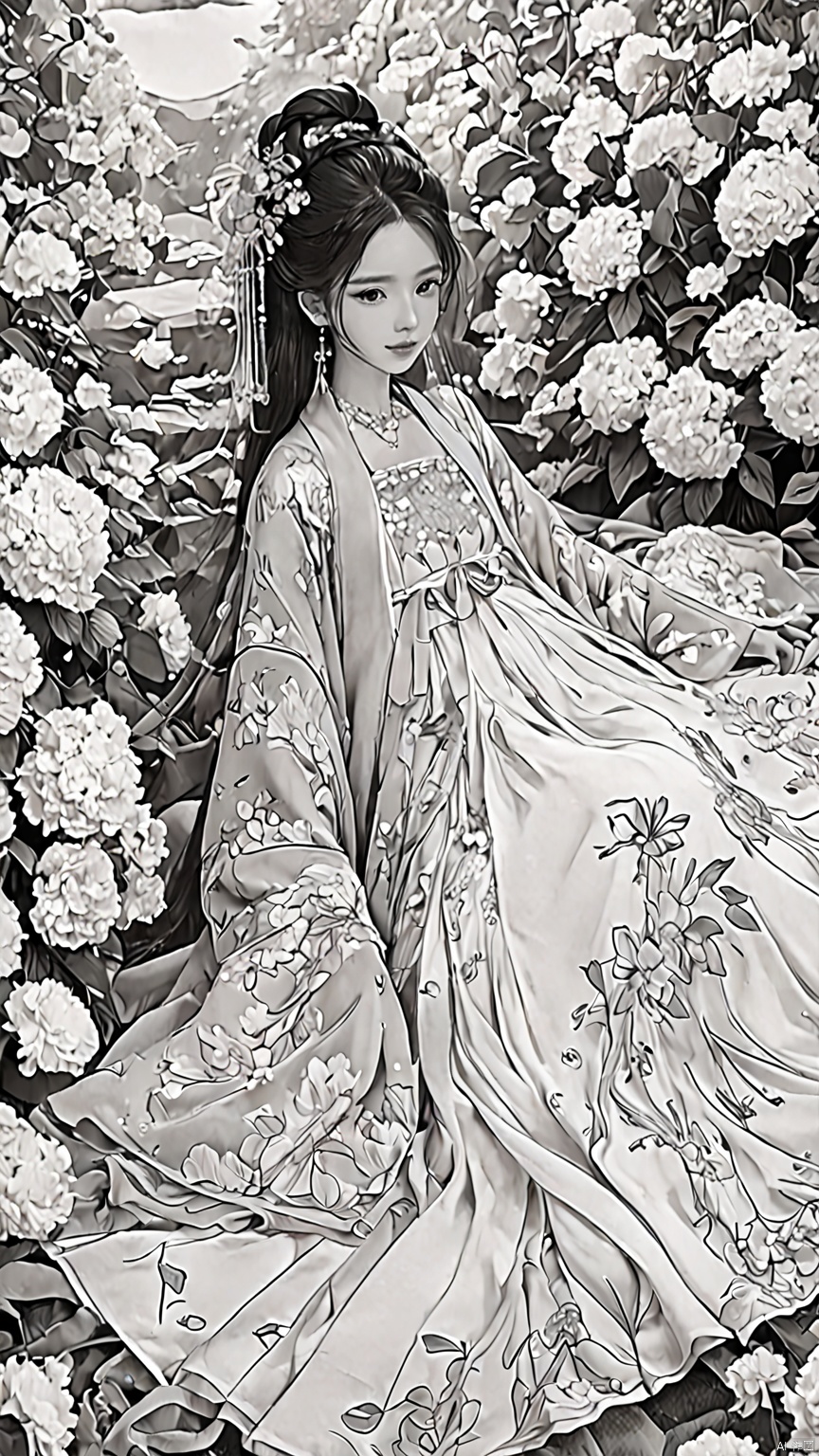  A doll wearing a dress surrounded by flowers and flowers, girl in flowers, extremely fine ink line art, detailed manga style, line art coloring page, black and white coloring, manga style, coloring page, girl made of flowers, complex caricature drawing, exquisite line art, detailed line art, ink caricature drawing, manga illustration, covered with flowers