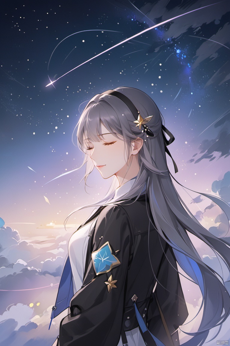  masterpiece,best quality,high quality,(colorful),[Artist sk (askzy)],[Artist wlop],firefly (honkai star rail), 1girl, solo, long hair, star (sky), sky, closed eyes, starry sky, black hairband, jacket, hairband, black jacket, white shirt, shooting star, shirt, ribbon, night sky, night, hair ribbon, smile, long sleeves, closed mouth, blue hair, cropped jacket, sidelocks, cloud, outdoors, floating hair, upper body, breasts, grey hair