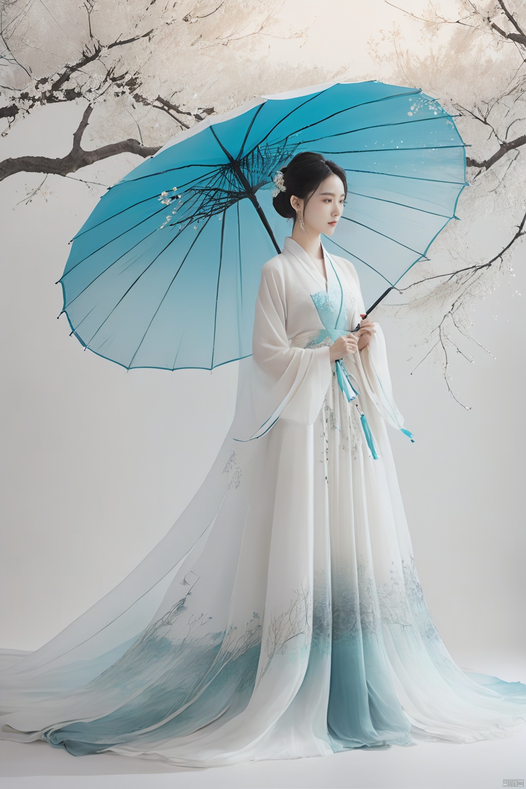  
/I Foreground a tree, Chinese beauty holding an umbrella, cyan and white color matching, ink painting minimalist style, large white space, tulle translucent material, soft gradient, perspective aesthetics