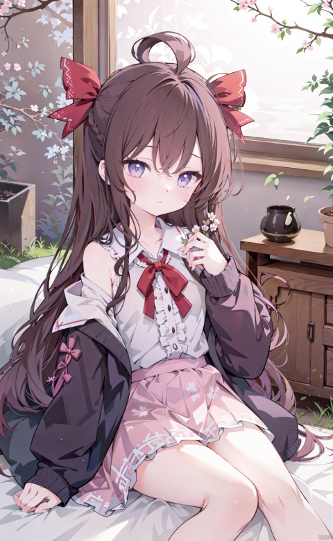  1girl,solo,braid,long hair,brown hair,hair ornament,purple eyes,shirt,ahoge,school uniform,cardigan,floral background,very long hair,pink cardigan,looking at viewer,flower,hairclip,ribbon,sleeves past wrists,off shoulder,plaid,neck ribbon,bangs,red ribbon,plaid skirt,closed mouth,collared shirt,adjusting eyewear,Marisa Kirisame (touhou) and Reimu Hakurei (touhou) sleeping next to each other in bed midsummer, in a Japanese shrine, 2 girls