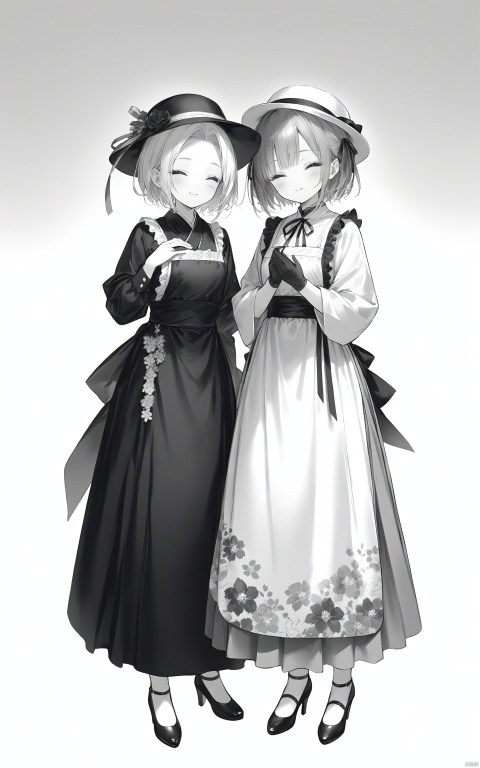 2girls, apron, black_headwear, closed_eyes, closed_mouth, dress, facing_viewer, floral_print, floral_print_apron, full_body, gloves, gradient_background, greyscale, hand_on_own_chest, hand_on_own_face, hat, high_heels, holding, long_hair, long_skirt, long_sleeves, looking_at_viewer, monochrome, multiple_girls, nakko_(7nt5ta), parted_bangs, ribbon, scroll, short_hair, skirt, smile, standing, white_background, white_headwear, best quality, masterpiece, nai3