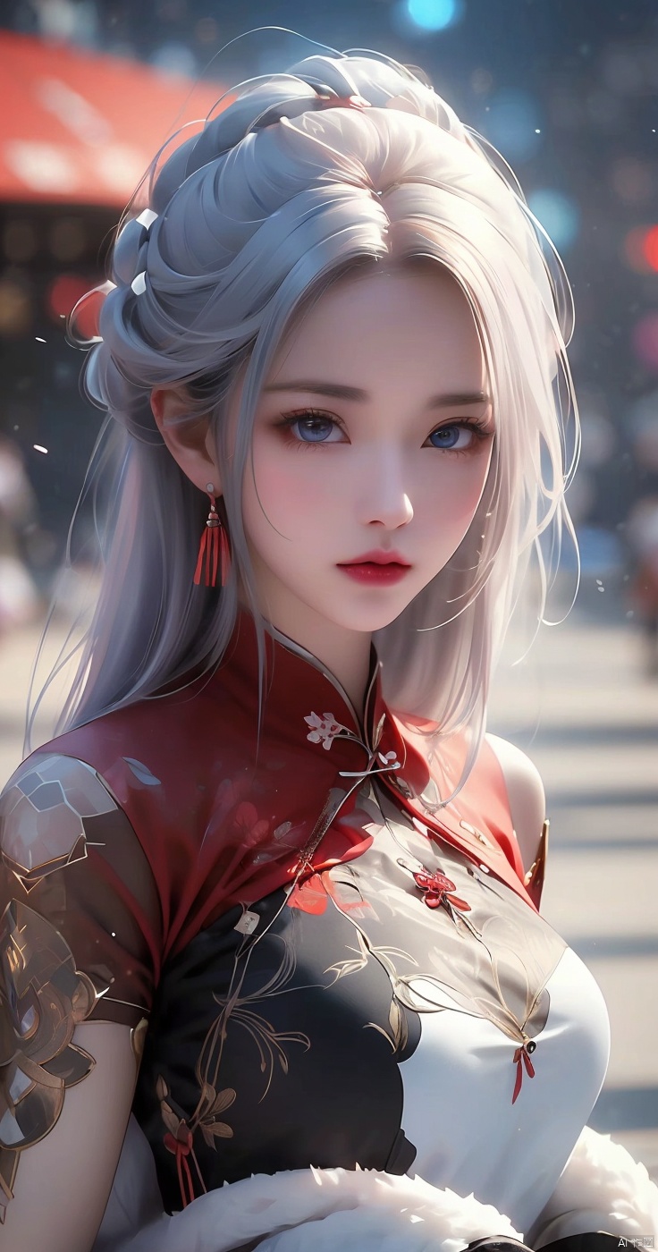  masterpiece, best quality, anime style, white theme, 1girl, white streight long hair, blue eyes, white skin, iridescent eyes, pink lips,red cheongsam ,Large chest，bare ， focus on face，(Isometric Perspective:1.5),(Pixar Style:1.2),Amusement Park,Ferris Wheel,Circus,monkey,lion,tiger,flag,multimorph model game asset,pixel art,minecraft,LEGO style,tilt displacement,IP,blender,OC render,best quality,4k,super detail