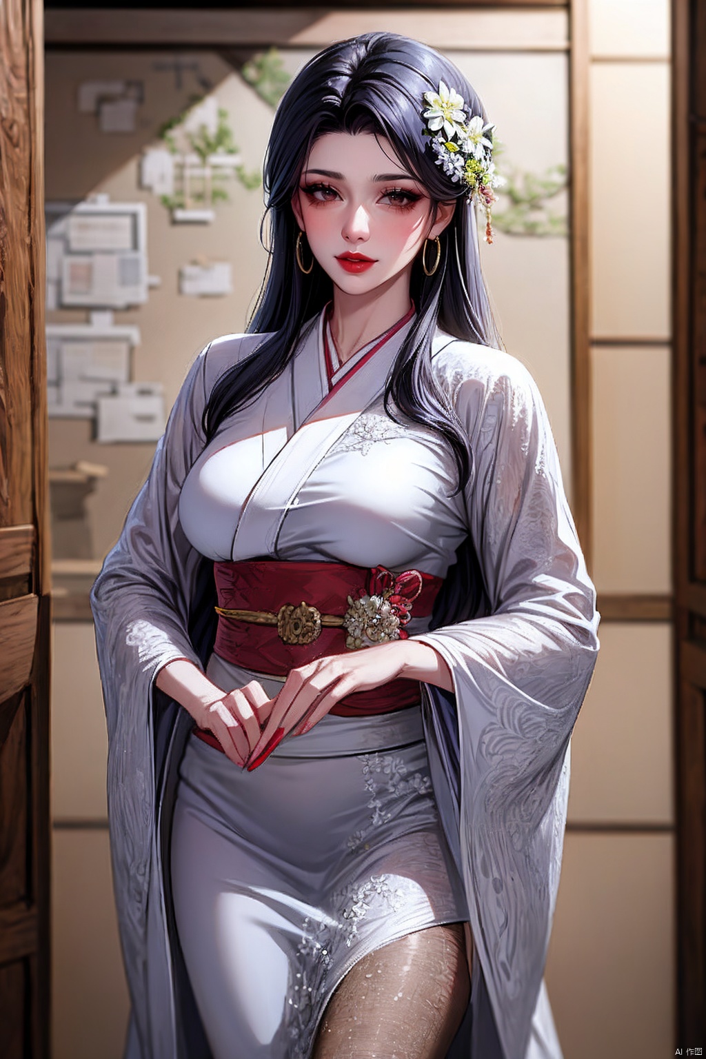  a beautiful anime character with an ornate costume poses amid blooming daisies, 1girl, flower, solo, hair ornament, holding, black hair, hair flower, looking at viewer, kimono, japanese clothes, red lips, holding weapon, weapon, sash