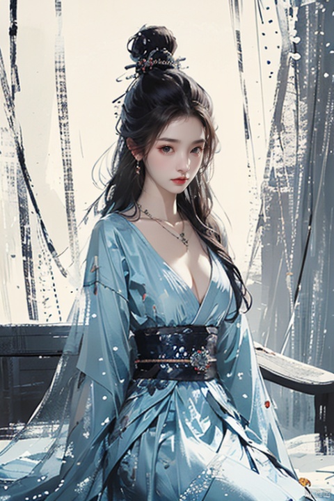  girlA 19 year old Chinese girl wearing a necklace, inspired by Sim Sa jeong, Azure. Long hair, winter prince,wathet bra，Goddess without makeup