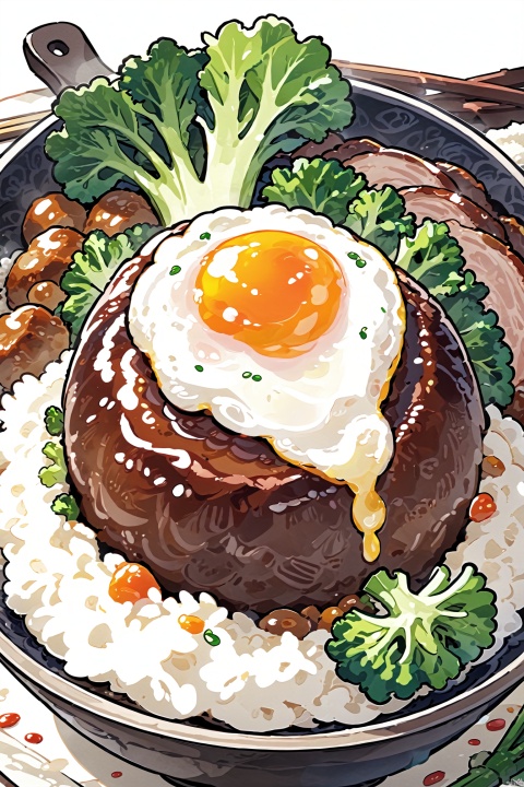 animation,animation,high quality,high resolution,rice bowl,fried egg,braised pork,diced radish,beans,rice,broccoli