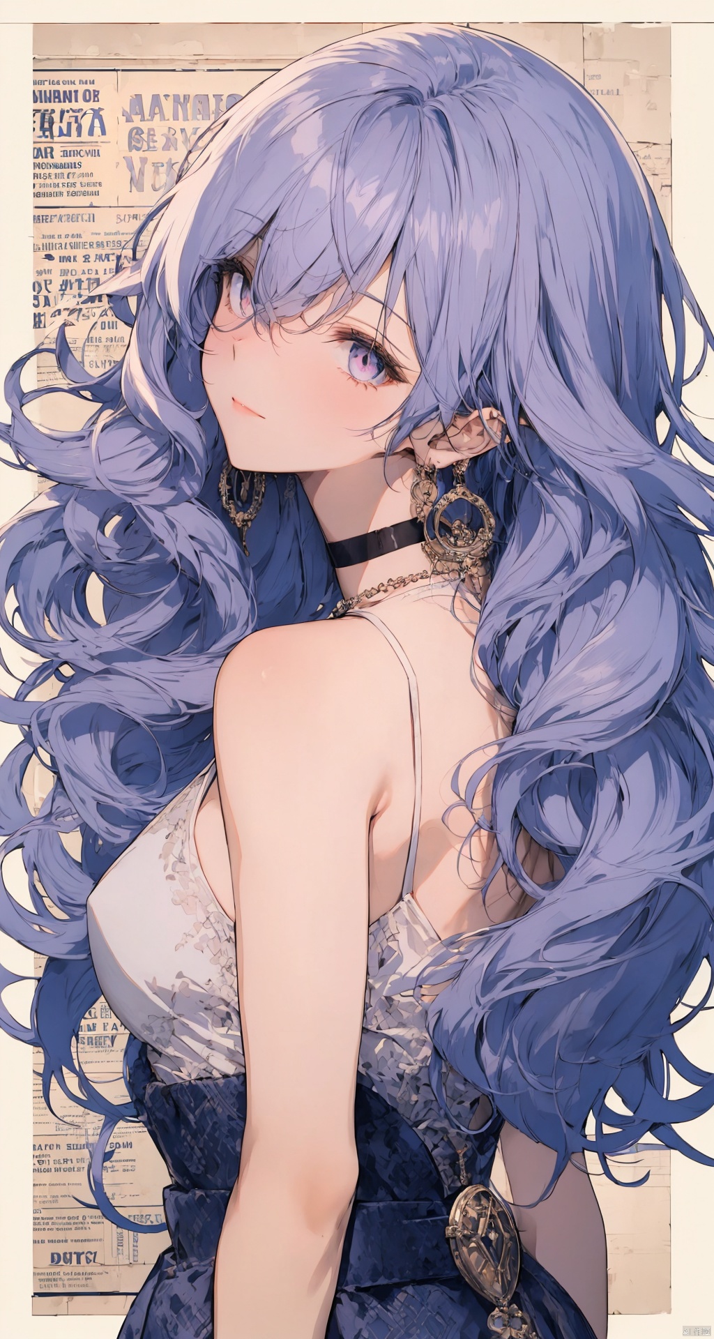  Colorful background, 1girl, long hair, solo, jewelry, looking at viewer, earrings, upper body, red choker, bangs, choker, bare shoulders, closed mouth, hair intakes, dress, wavy hair, sleeveless, necklace, letterboxed, looking back, head tilt, msaibo, evil, mjiaocha,1girl, official, purple eyes,
