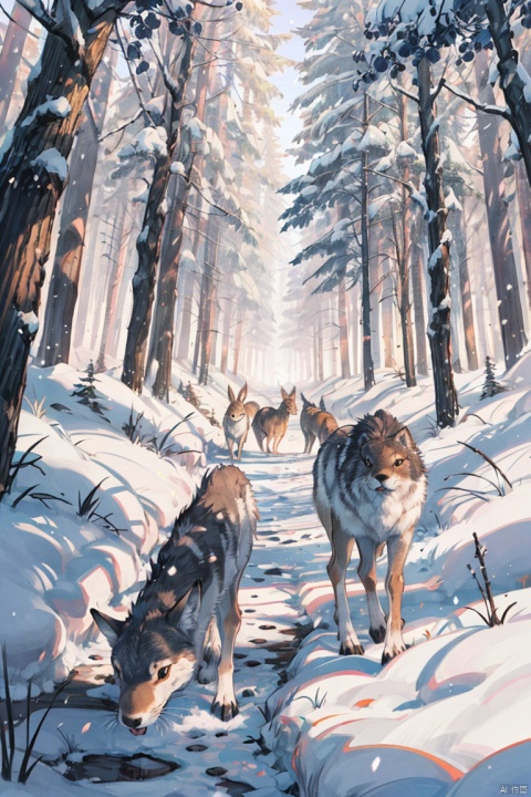 In the harsh winter season, when the ground is covered with snow and the trees are leafless, the hunt for hares by hungry wolves becomes especially difficult and dangerous. Wolves gather in packs to hunt together. They search for prey by circling their hunting grounds.
Wolves hunt hares at dusk or dawn, when the hares come out to look for food. Wolves wait patiently for their prey, hiding behind trees or in bushes. When a hare appears, wolves attack it, trying to take it by surprise.
If the hare tries to escape, wolves chase it over snowdrifts and other obstacles. Sometimes wolves trap a hare to share the prey with other pack members.
Hungry wolves hunt hares to survive the harsh winter., starrystarscloudcolorful