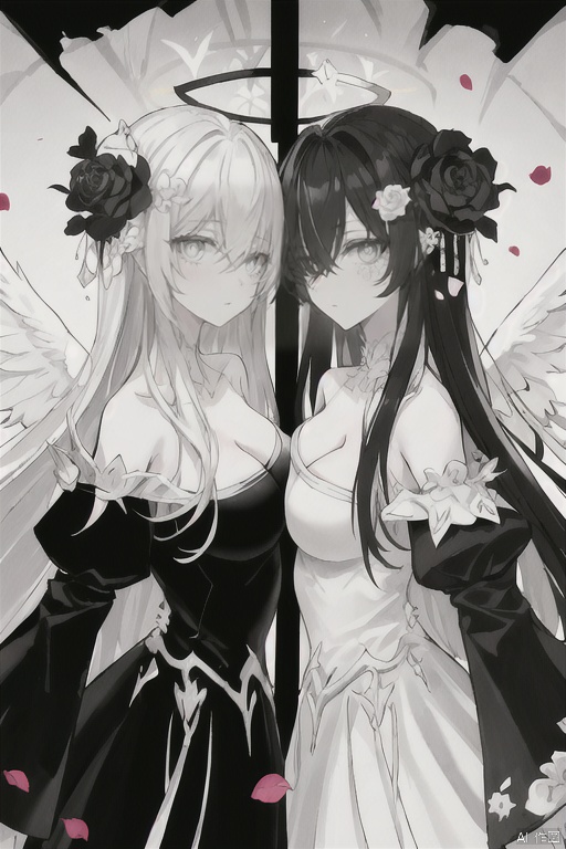  2girls, looking eachother, BREAK white_angel with white further wing,light halo,white tone color BREAK black_angel with black further wing,dark halo,black tone color,solo,(((((split theme))))),symmetry:1.3,upper body,cleavage,off shoulder,hair flower,off-shoulder dress,puffy long sleeves,puffy sleeves,rose petals,mandala,chaos,Radial,streamlined,fractal art,art design,burst,Heterochromatic pupil,Anime style,