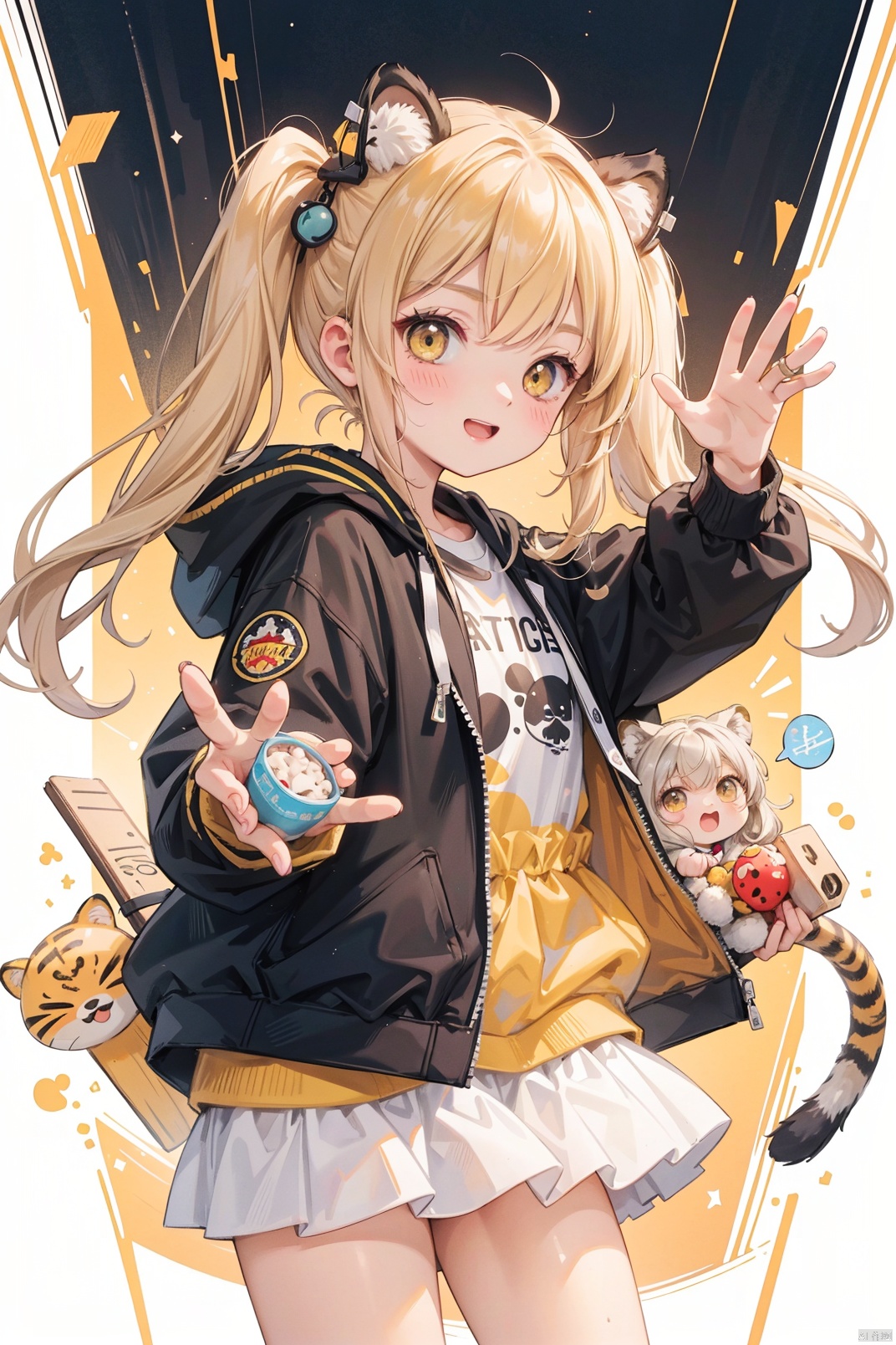 A woman wearing an animal pattern jacket with tiger and demon marks (chibi face) Throwing motion, bean tornado, bean hurricane, bean blizzard, bean throwing, zodiac active tiger pattern, wooden box, beans, setsubun beans, tiger ears, Tiger Tail, Pigtails, Entrance (Beans: 1.5) Based on red, yellow, and black, Smile, Epic, Celestia, Fantasy World, and Cute World.
