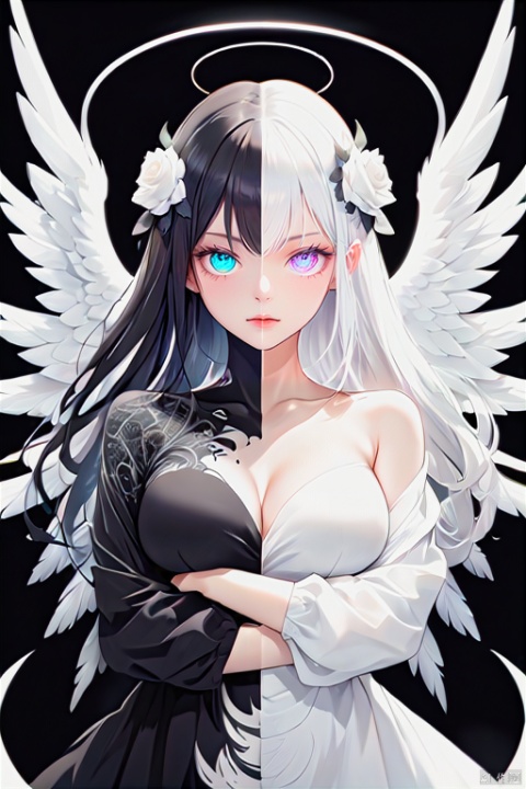  2girls, looking eachother, BREAK white_angel with white further wing,light halo,white tone color BREAK black_angel with black further wing,dark halo,black tone color,solo,(((((split theme))))),symmetry:1.3,upper body,cleavage,off shoulder,hair flower,off-shoulder dress,puffy long sleeves,puffy sleeves,rose petals,mandala,chaos,Radial,streamlined,fractal art,art design,burst,Heterochromatic pupil,Anime style,