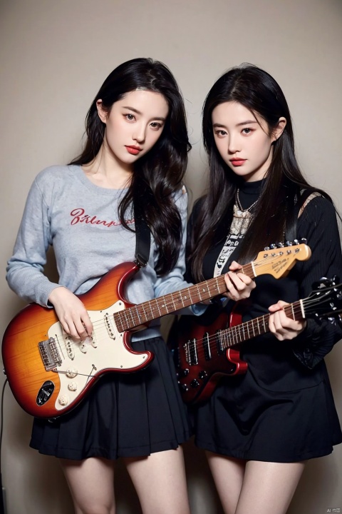 two girls, electric guitar of Rune text motif, electric guitar of Gaelic text motif