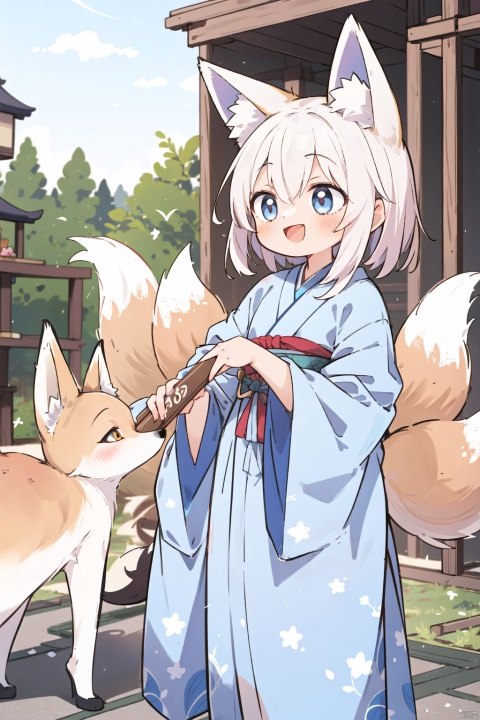 Masterpiece, best quality, ultra detailed, extremely detailed, 1girl, fox, ((girl petting a fox:1.3)), animal, animal fox, long hair, silver_hair, (((petite))), fox_ears, animal ears, tail, fox tail, smile, :D, japanese_clothes, japanese_background, architecture, frills, outdoors, kawaiitech, pastel colors, kawaii, cute colors