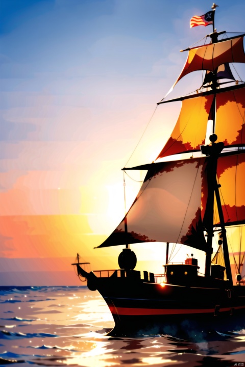 High-quality pirate ship,seascape,sunset,soft and warm colors,focal length on the ship,smoke,sails,fear in the eyes of the heroes,golden light,retro-futuristic filter