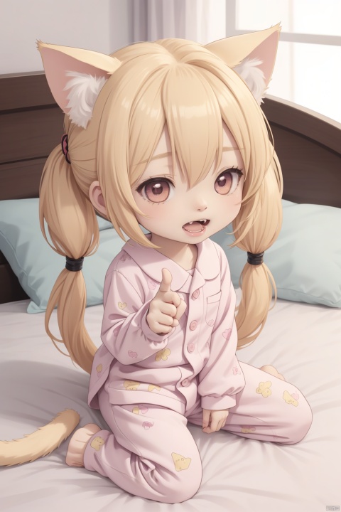 (chibi:1.3), 1girl, solo, cute, young sister, (blonde hair, low twintails hair), (jitome, fangs, open mouth, cat ears, cat tail), lying on the bed, doze, pajamas outfit