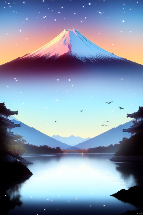  Gradient style illustration, illustration, starry sky, a Mt. Fuji, surrounded by lakes, birds, sunlight, flying snow