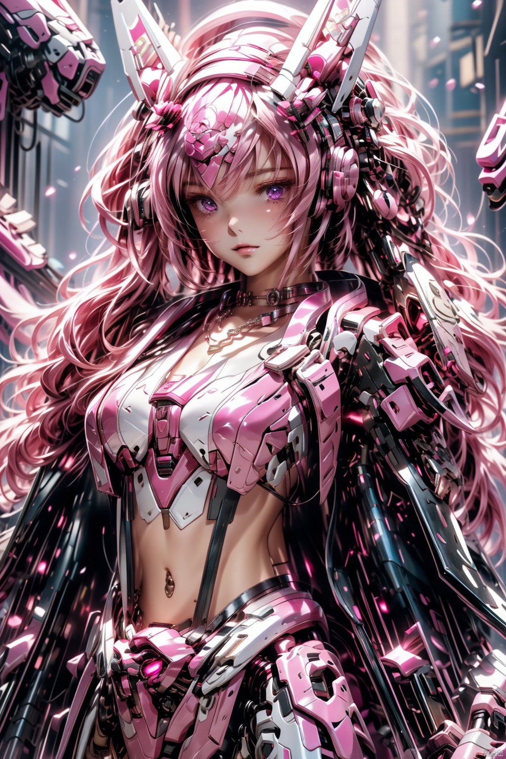  solo,1girl,artist_name,short hair,minato tomoka,(night:1.1),Cleavage,medium_breast,black jacket,
(black microskirt),hair ribbon,camisole,thighhighs,standing,pink eyes,supermark,city, Mecha, Pink Mecha，masterpiece, best quality, (pastel color:1.2), pop vibrant color, 1 woman, Elysia \(herrscher of human:ego\) \(honkai impact\), extra long hair, pink hair, (nine-tailed fox), fox ears, (oriental lingerie with flowing ribbon), Rhinestone embroidery, Shoulder Necklace, jewellery, Pearl Beaded body necklace, spiritual forest, sakura, standing, elegant pose, spreading her tails, backlit, flying petals