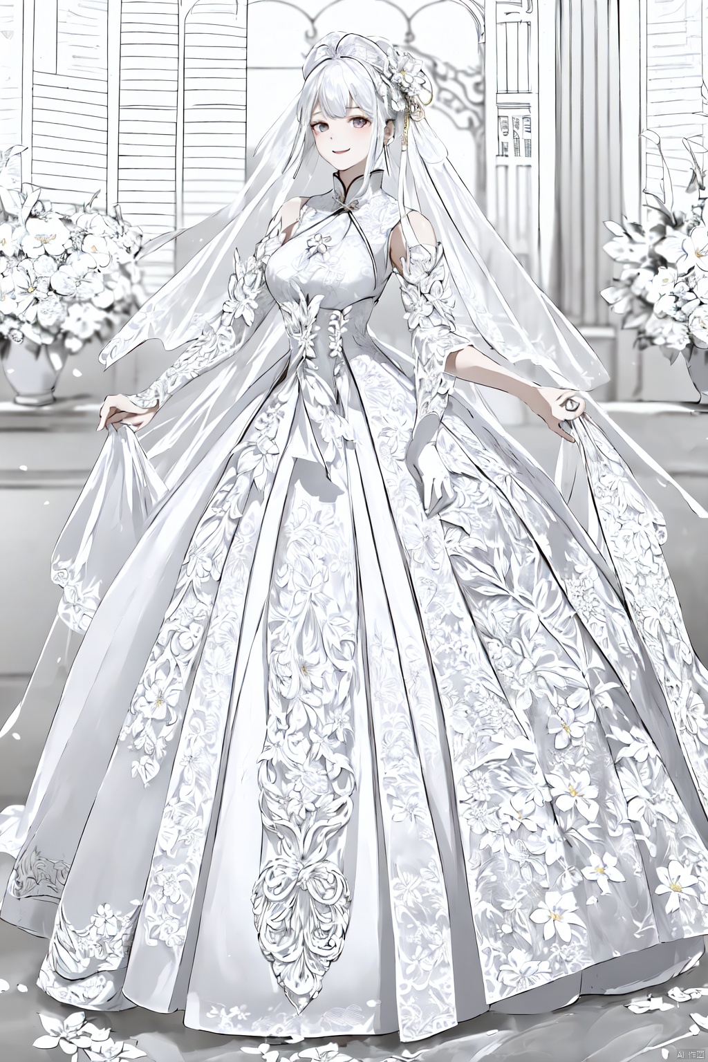  (Good structure), DSLR Quality,Depth of field ,looking_at_viewer,Dynamic pose, , kind smile,
masterpiece, The best quality, 1girl, luxurious wedding dress, dreamy scene, white background, front viewer, looking at viewer, Flowers, romantic, Bride, Translucent white turban, UHD, 16k, , sparkling dress, , white stockings, , chinese dress,white dress,long hair,
chinese clothes,dress,white dress,floral print,china dress,blue dress,hanfu,long sleeves,print dress,robe,skirt,sleeveless dress,widesleeves, weddingdress, , songyi,