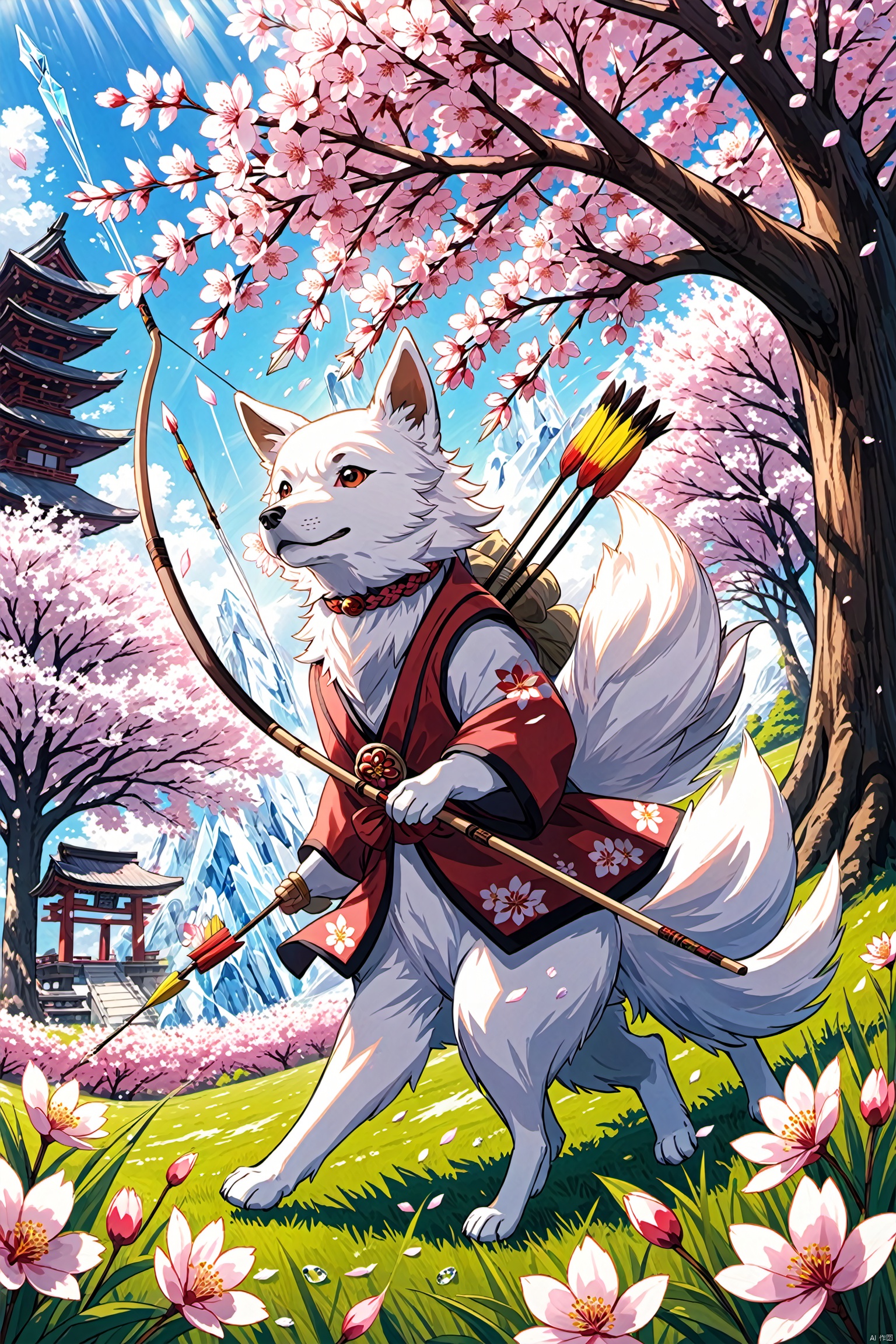  nahidadef, motion line, solo, original, focus, dressed, (drawing a bow weapon:1.2), (ice arrow:1.2), grass, sunlight, flowers,,(Okami dog:1.2), front of a mega cherryblossom tree, mega structure, amazing bloomed tree, flower petal wind, insanely detailed
