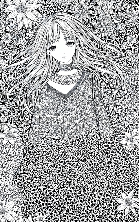 absurdres, highres, ultra detailed, (ultra-detailed background, detailed background), extremly detailed, 1girl, bunch of flowers, (zentangle:1.2), (geometric:1.2),